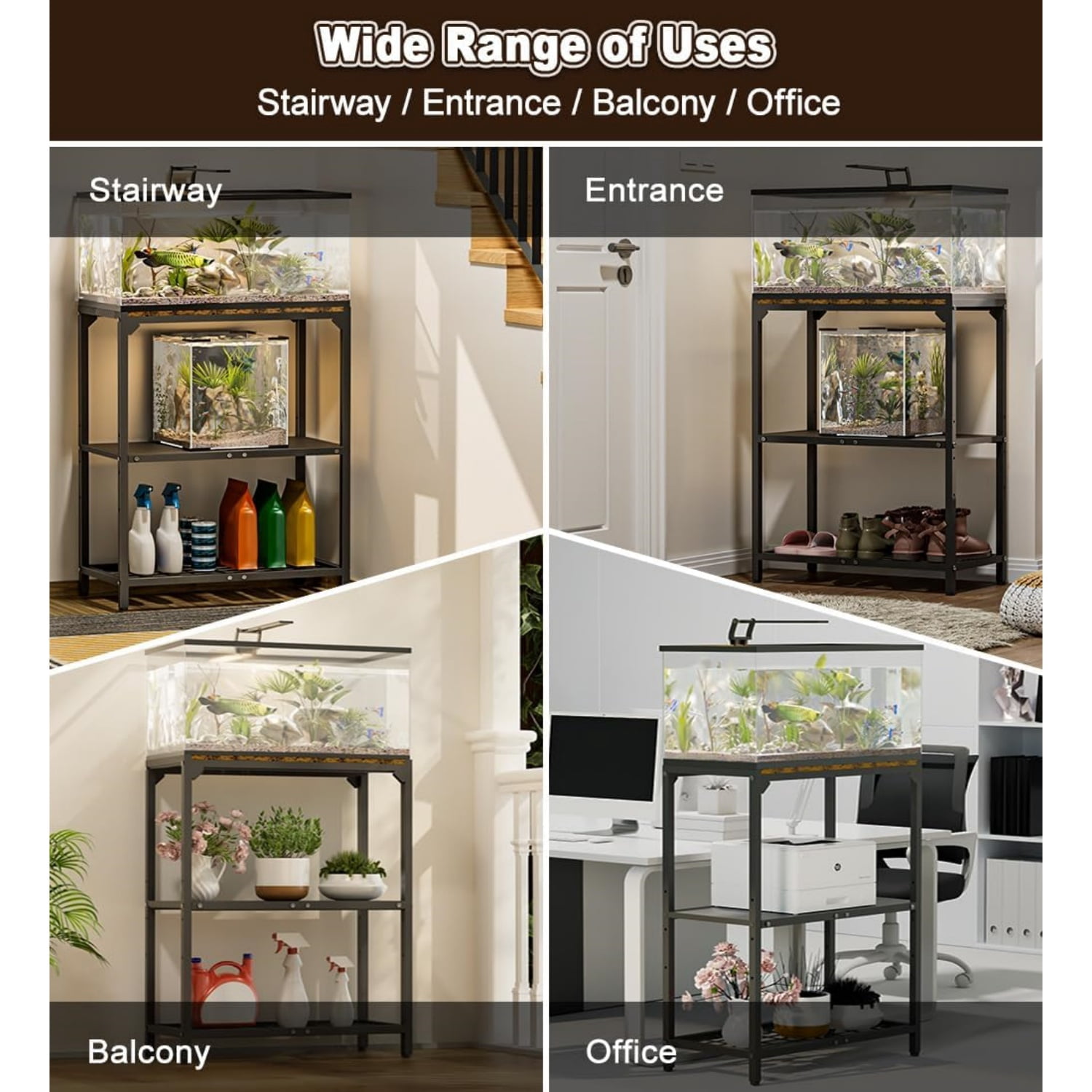 20-30 Gallon Aquarium Stand, Fish Tank Stand with Adjustable 3-Tier Storage Shelf, Heavy Duty Reptile Breeder Turtle Tank Terrarium Rack Table for Home Office, 30" L x 12" W x 32.2" H, Black