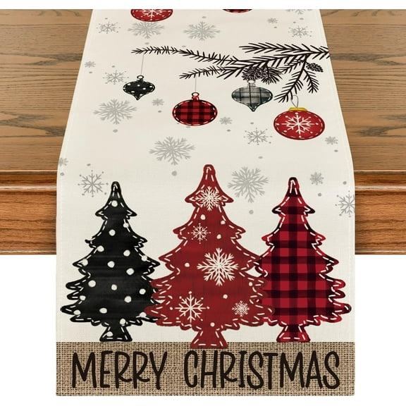 Red Pine Trees Merry Christmas Table Runner, Winter Xmas Holiday Kitchen Dining Table Decoration for Home Party Decor 13x90 Inch