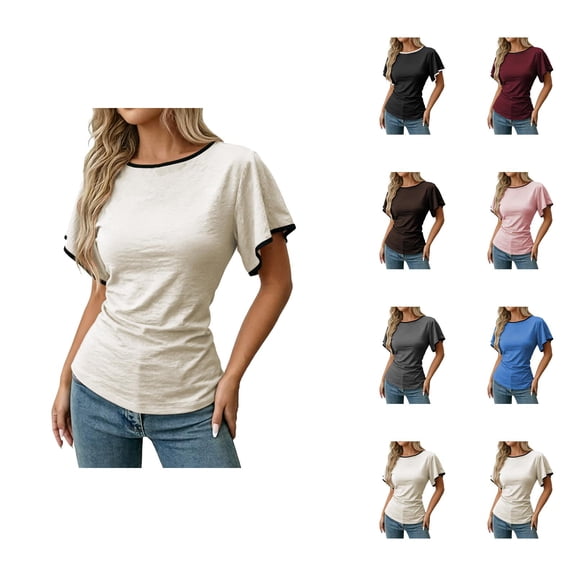 Cinched Waist Tops for Women Summer Short Sleeve Boat Neck Dressy Casual Blouse Going out Tops Brunch Outfits