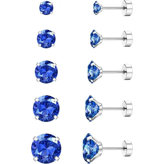 Screw Back Stud Earrings Set 20G Titanium Steel Cartilage Piercing Jewelry for Women Men Sensitive Ears CZ Tragus Helix Flat Back Earrings Stud Sapphire