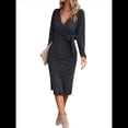 thumbnail image 2 of Vestido de Suéter de Larga para Mujer, Vestido Ajustado con Abertura Lateral, Otoño, Midi, , Escote en V Profundo, Ajustado, Gris Oscuro XL, 2 of 8