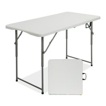 HiiKaa 4Ft Portable Folding Table,Heavy Duty Plastic Fold-in-Half Utility Table, Small Indoor Outdoor Adjustable Height Folding with Carrying Handle, Camping and Party,White