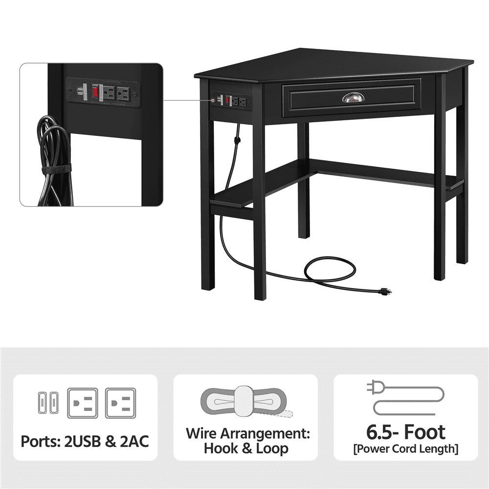 Yaheetech Corner Computer Desk Workstation with Power Outlet Storage Drawer, Black