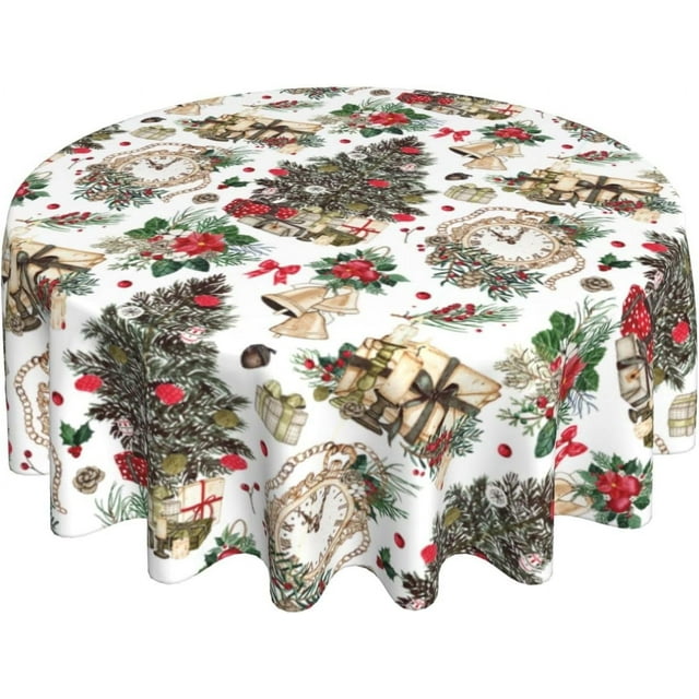 Christmas Tree Tablecloth Round 60 Inch Xmas Bell Berry Flower Clock Present Box Decorative Table Cloth Washable Wrinkle Stain-Resistant Polyester Farmhouse Holiday Table Cover For Party Picnic