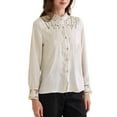 thumbnail image 4 of INSPIRE CHIC Women's Vintage Button Down Shirt Lace Patchwork Long Sleeve Stand Collar Business Casual Work Top XS Beige, 4 of 6
