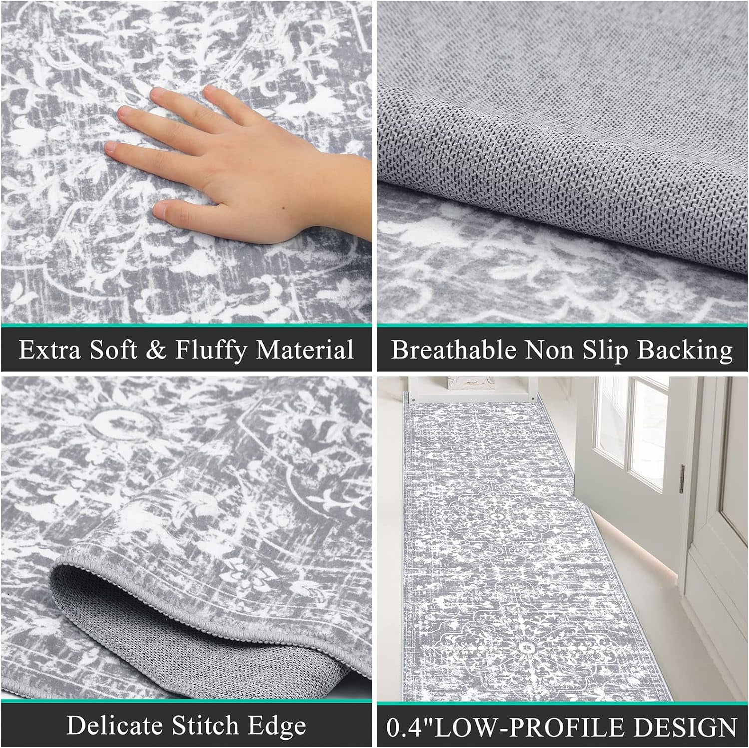 Findosom 2'x8' Vintage Runner Rug 0.4" Distressed Hallway Rug Non Slip Laundry Runner Rug Decor Rug Washable Runner Rug Kitchen Floor Mat Entryway Rug Runner for Laundry Kitchen Entryway, Gray