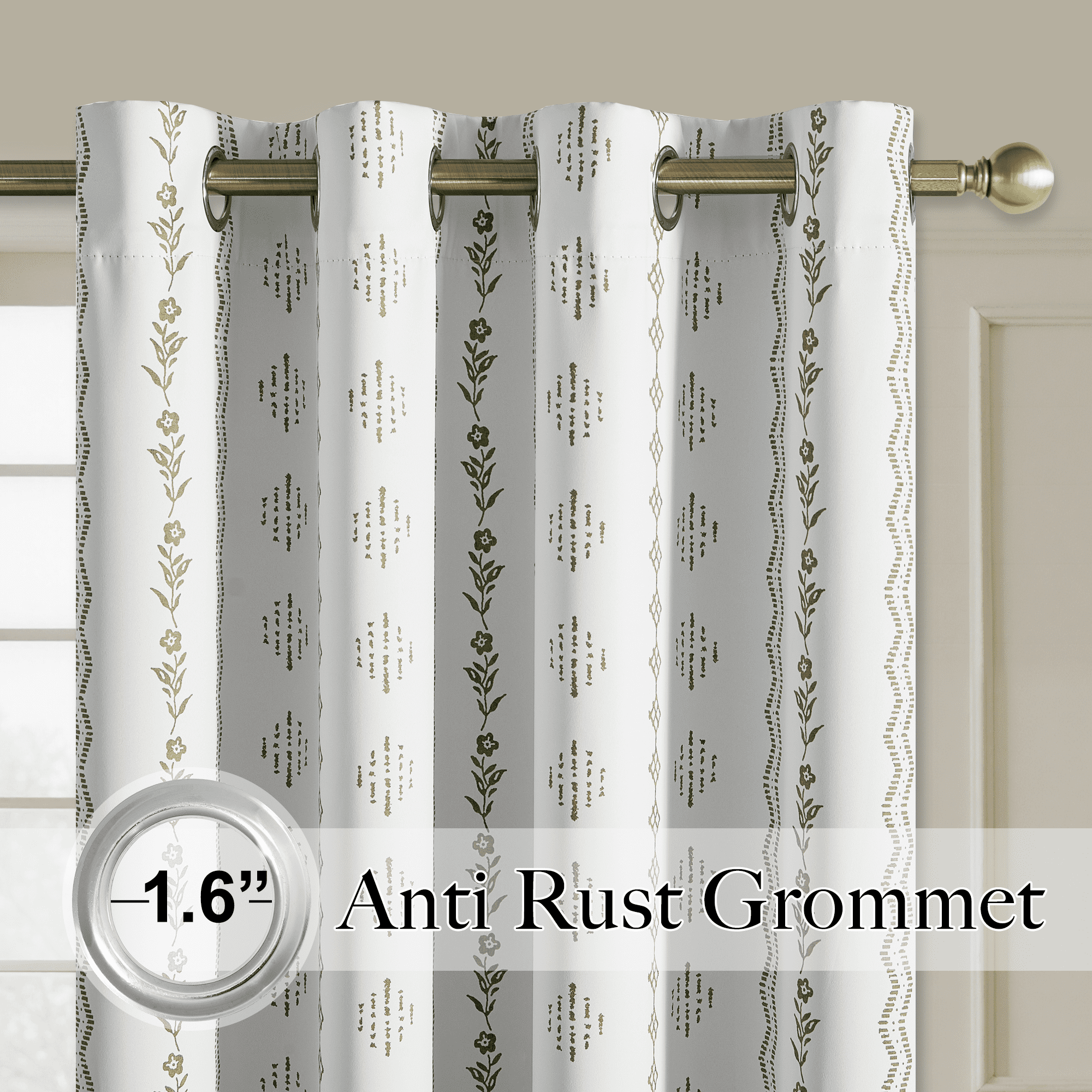 NICETOWN 100% Blackout Boho Curtain for Bedroom Light Blocking Sounds Reducing Printed Floral Drapes, W52 x L84, Sage Green on White, 2 Panels