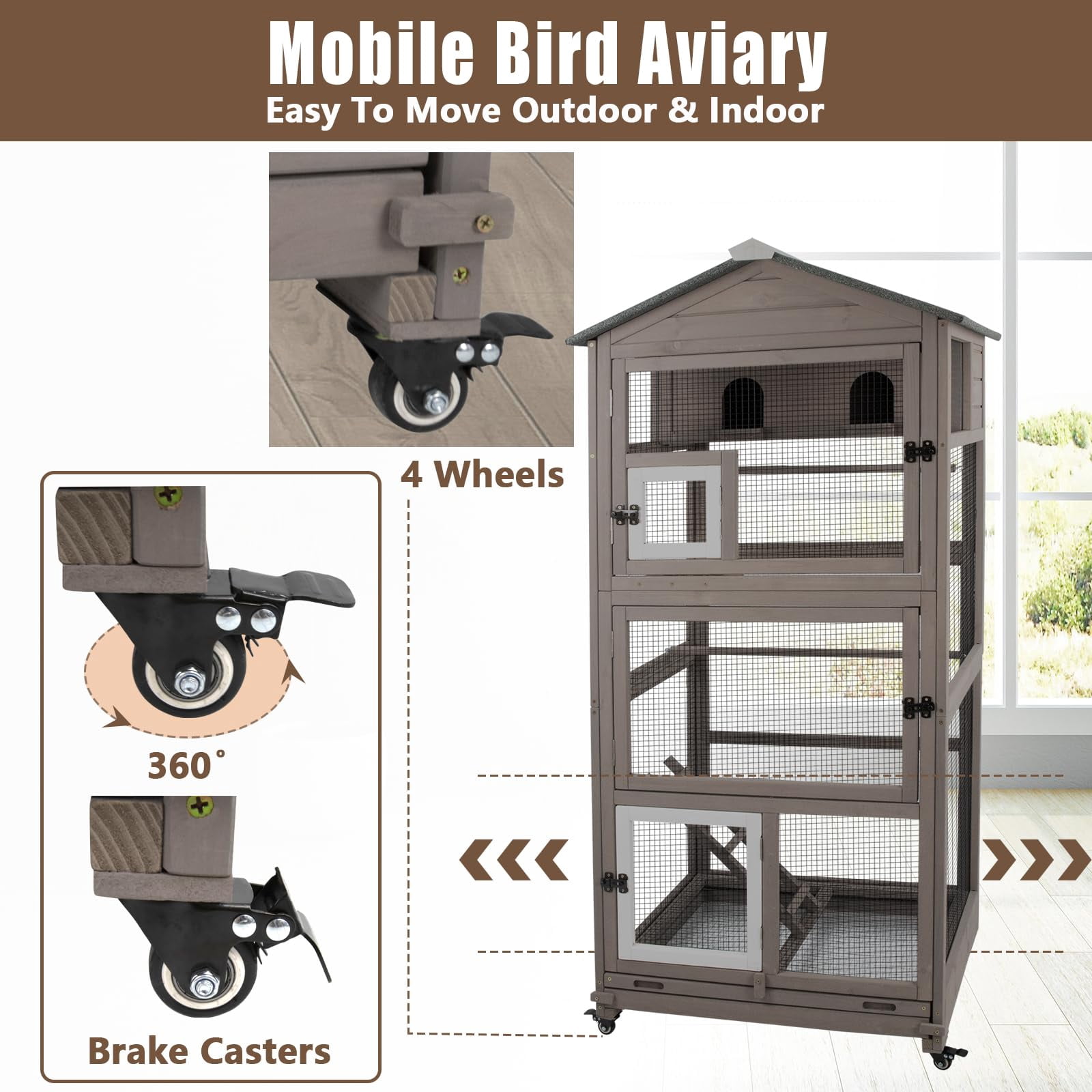 Gowoodhut 68.8"L Outdoor Bird Aviary Indoor Wooden Large Bird Cage Parakeet Cage on Wheels