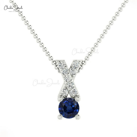 2.35 Carat Round Cut Blue Sapphire Gemstone Real Diamond Elegant Necklace for Women Solid 14K White Gold With 18 inches Chain
