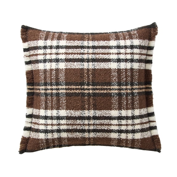 My Texas House 20" x 20" Brown Woven Plaid Fringe Decorative Pillow Cover