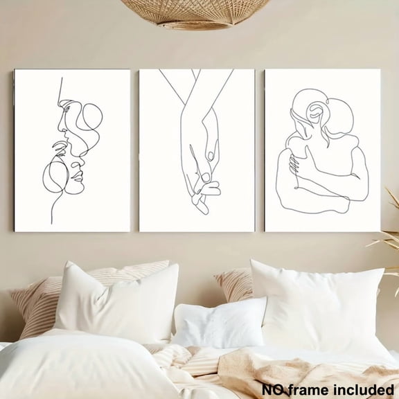3pcs Decorative Painting, 2D Frameless Canvas Print, High Definition Quality, 3pcs Set of Modern Line Art Couple Embrace Canvas Print - Frameless Wall Decoration, Suitable for Bedroom, Living Room,