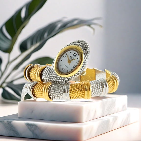 Two-Tone Gold Silver Bangle Watch with White Dial, Elegant Women’s Quartz Wristwatch