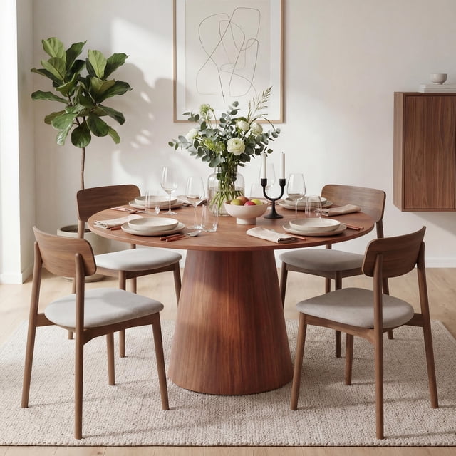 43" Round Dining Table for 4, Wooden Dining Room Table with Pedestal Base, Modern Farmhouse Kitchen Table for Home, Dining Room, Living Room(Only Table)-Walnut