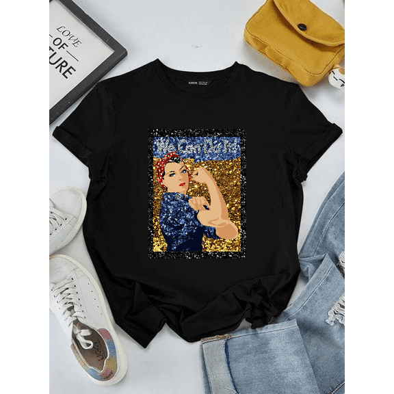 Vintage Graphic Rosie The Riveter Feminist Icon Glitter Print Art Unisex T-Shirt V16384 ,up to size 5XL