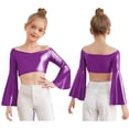 thumbnail image 5 of Miutii Kids Girls Disco Party Shirts Off-Shoulder Festival Rave Outfit Long Flared Sleeve Jazz Hip Hip Dance Crop Tops Purple 16, 5 of 7