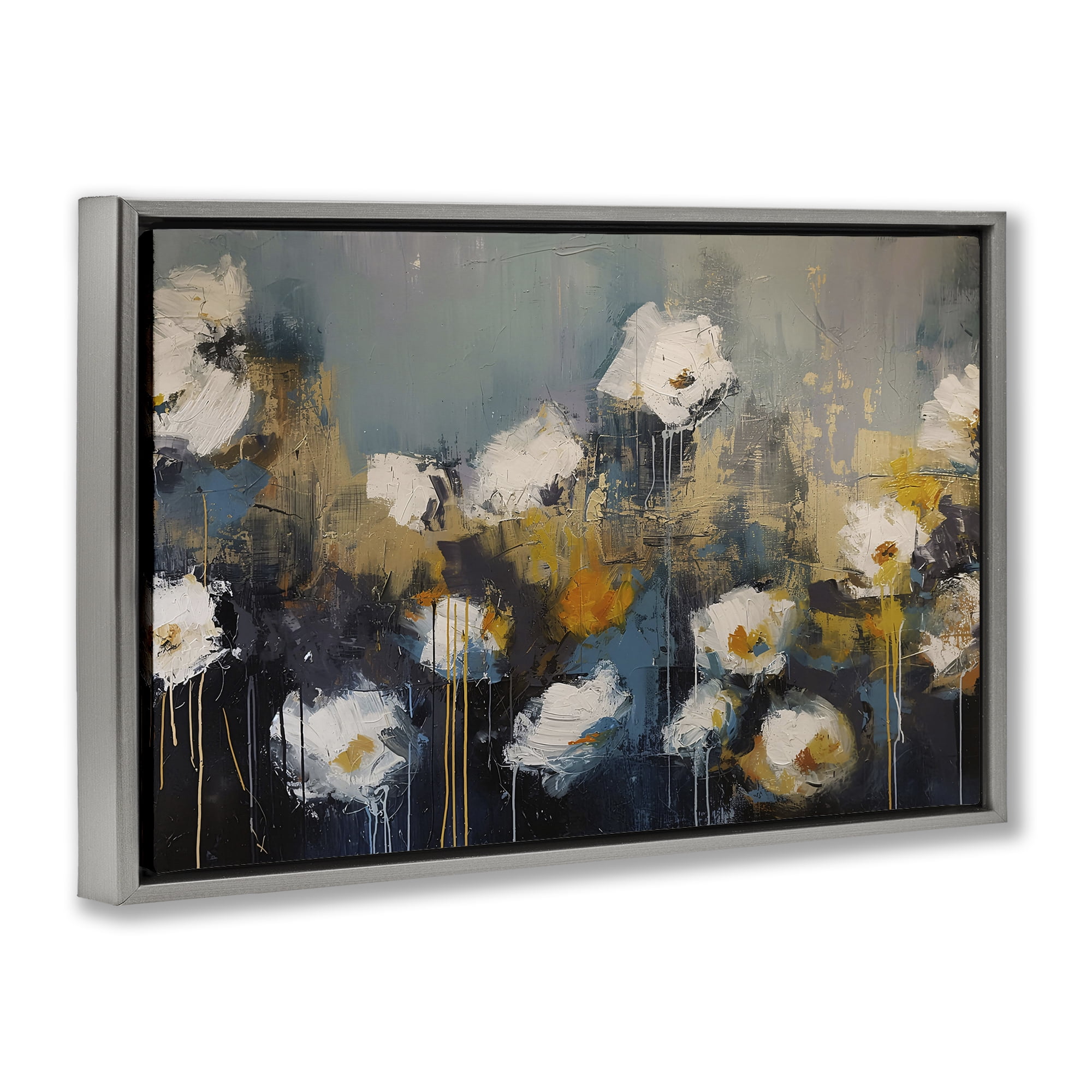 Stupell Industries Contemporary Paint Drip Blossoms Gray Framed Floater Canvas Wall Art, design by Jacky Ngan