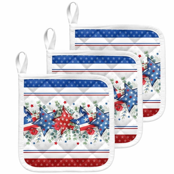 Independence Day Pot Holders for Kitchen Heatproof Potholder, 3 Pack Star Stripe Flag Eucalyptus Red Blue Hot Pads Multipurpose Oven Pads Cloth Potholders Trivet for Cooking Baking