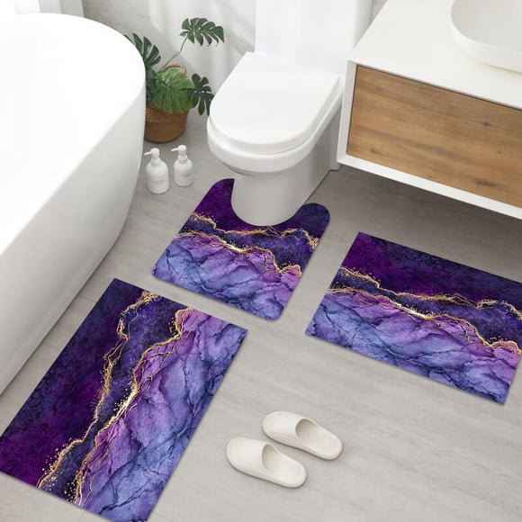 MUGINYU Purple Gold Bathroom Rug Set 3 Piece for Bathroom Decor,Purple Marble Bathroom Accessories Set,Art Painting Bath Mat Abstract Aesthetic Farmhouse Rug Thin Rubber Diatomaceous Earth Quick Dry