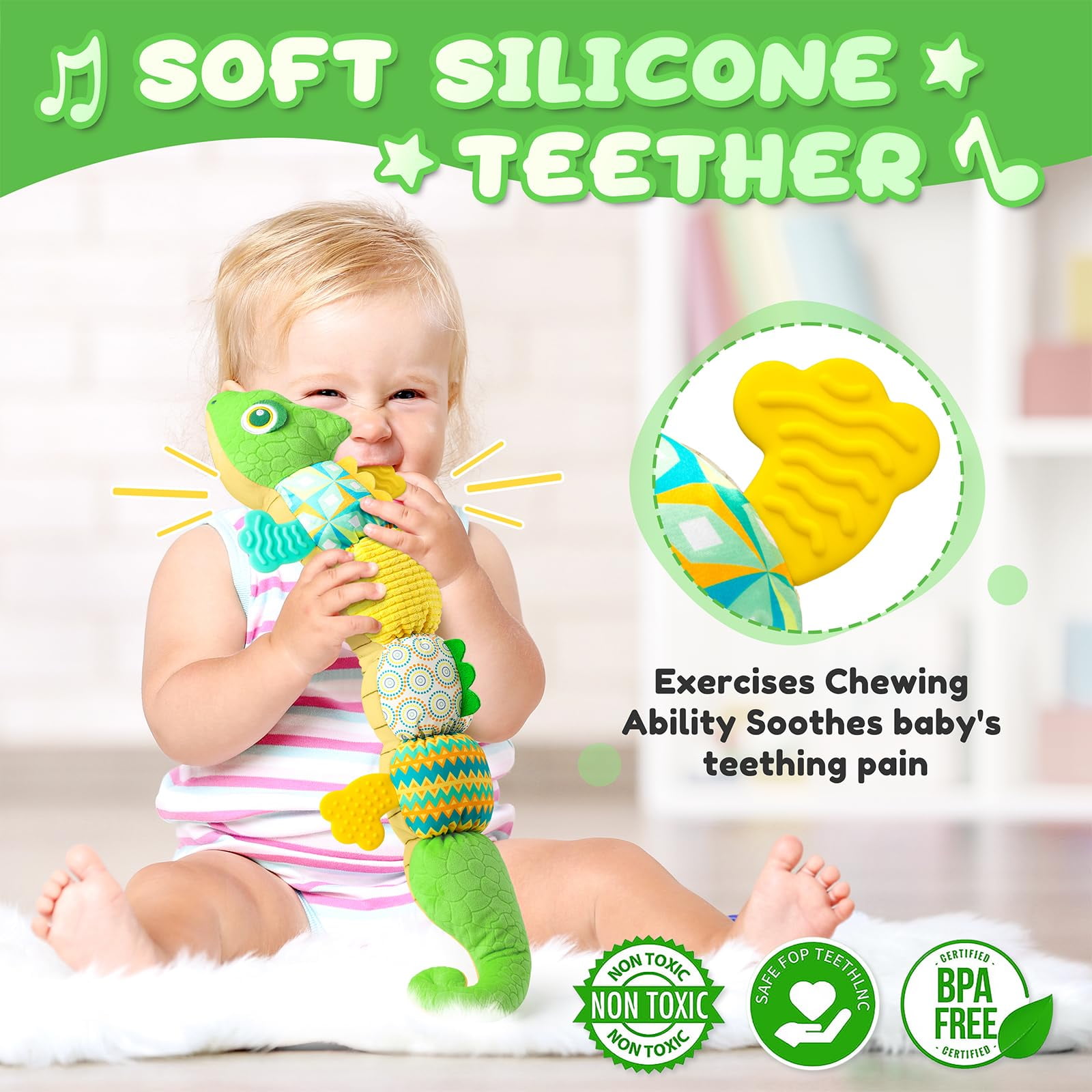 Newborn Baby Toys 0-12 Months - Musical Stuffed Dinosaur Plush, Multi-Sensory Crinkle Rattles & Textured Design, Tummy Time Early Development Gift for Infant Girls