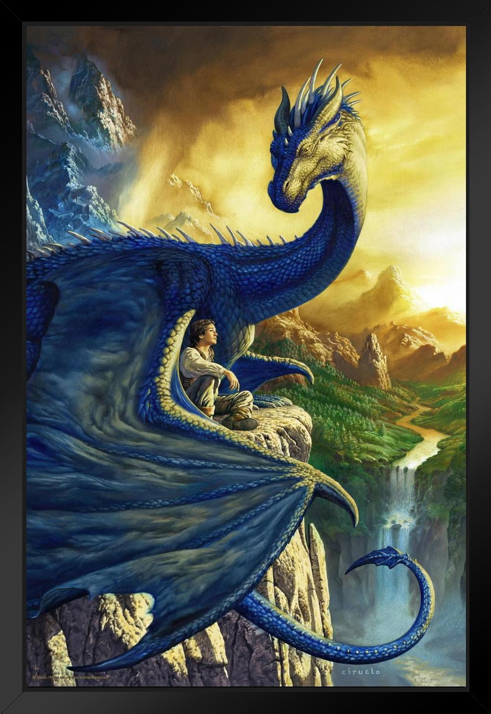 Eragon Dragon With Boy by Ciruelo Artist Painting Fantasy Black Wood