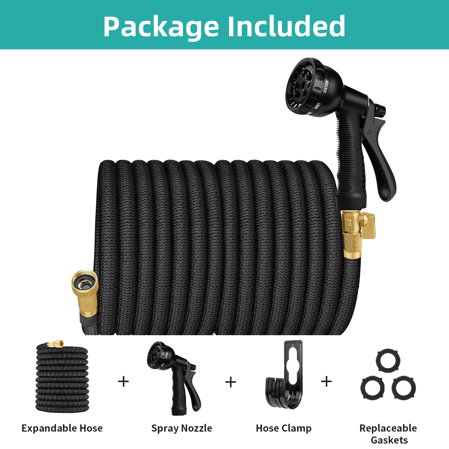 SUNDAN Expandable Garden Hose 50ft No Kink Flexible Water Hoses for Outdoor with 8-Pattern Spray Nozzle(Black)