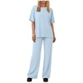 thumbnail image 2 of Dazajoo Women's Two Piece Casual Outfits Short Sleeve Crewneck Tops with Wide Leg Pants Casual Beach Vacation Lounge Sets,Light Blue,M, 2 of 8