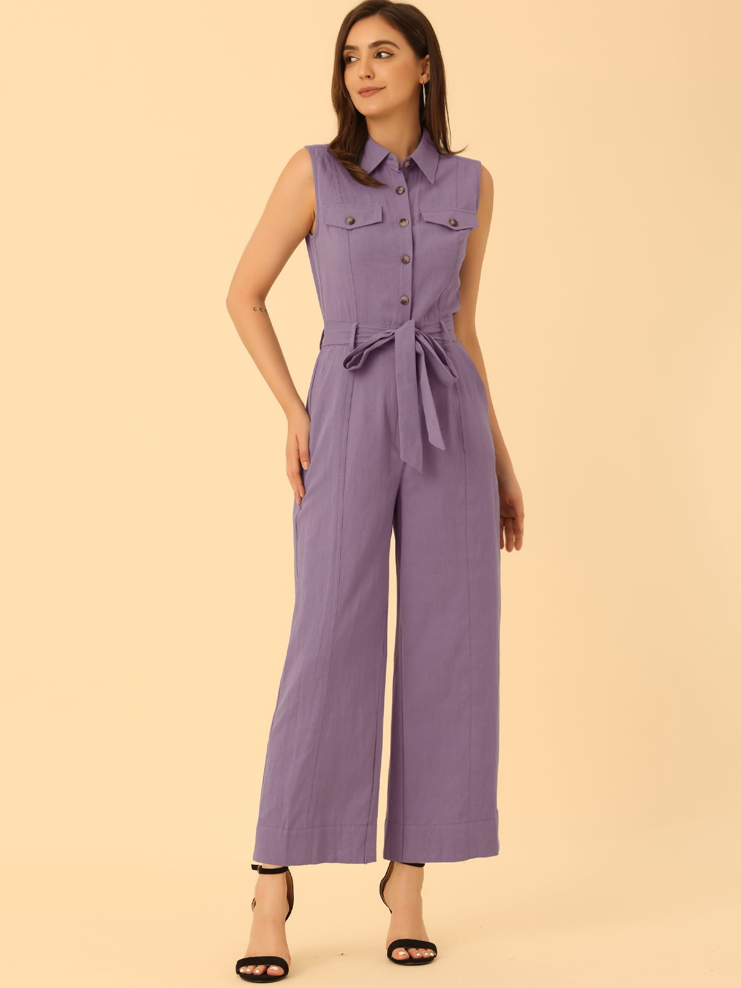 DARING DIVA Women's Wide Leg Jumpsuit Collared Tie Waist Coverall S Purple