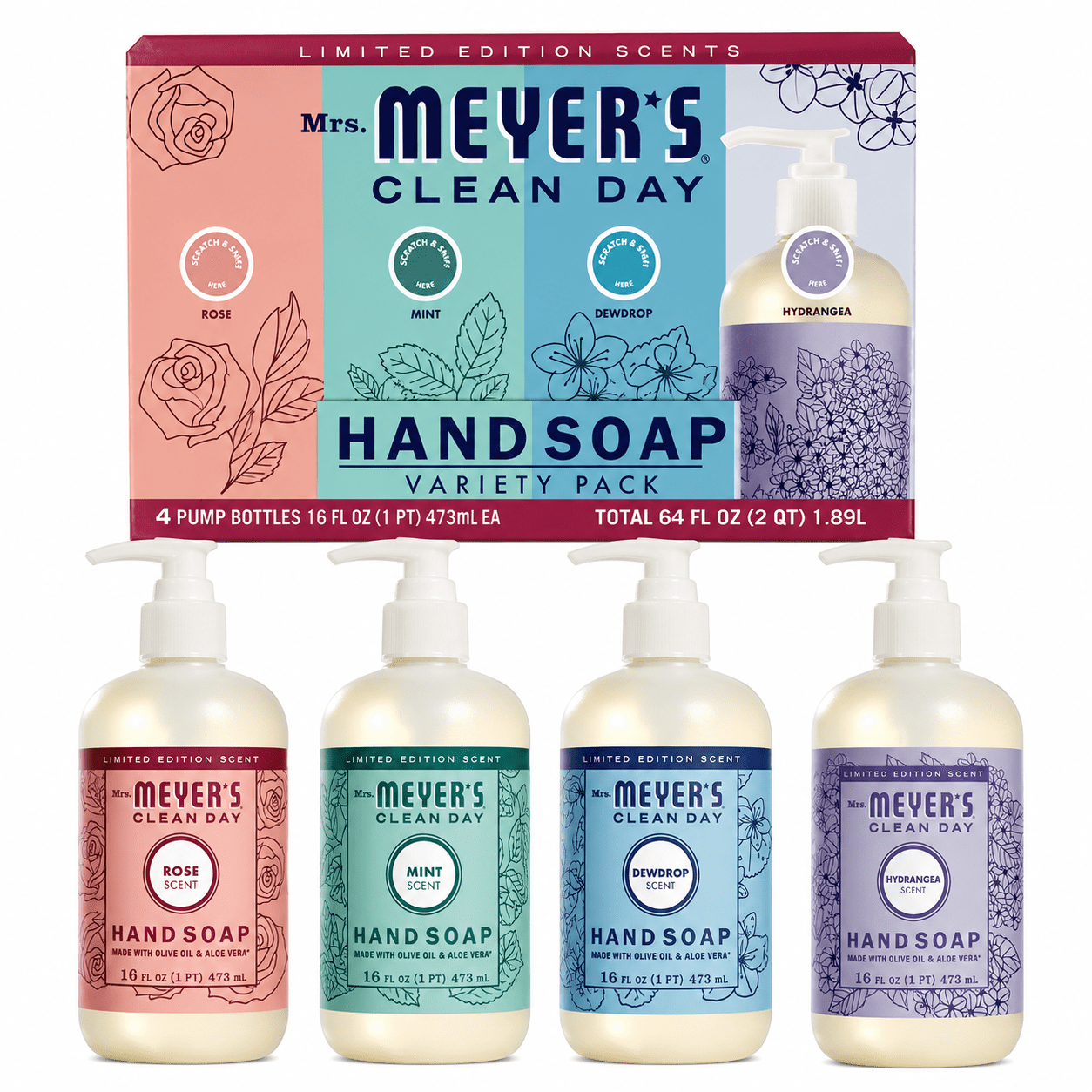 Mrs. Meyer’s Clean Day Hand Soap Variety Pack, Limited Edition Scents, 4 Pack Pump Bottles, 16 fl oz Each, Moisturizing Hand Soap with Aloe Vera & Olive Oil