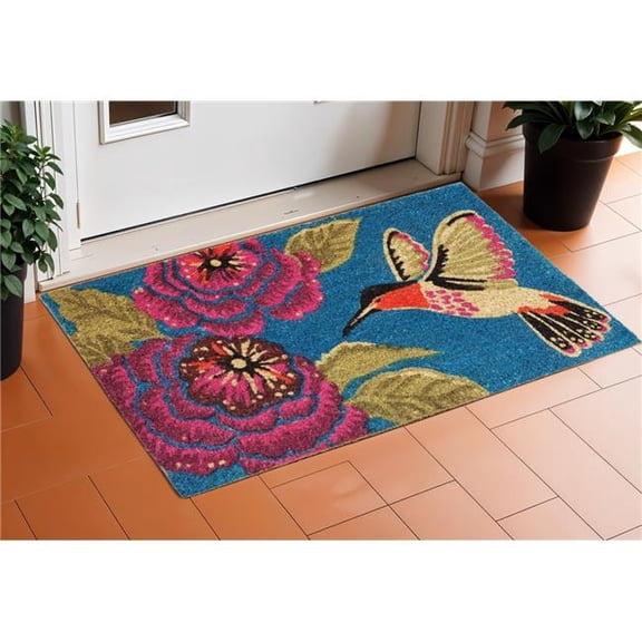 HomeRoots 632307 17 x 29 in. Blue Pink & Green Hummingbird Outdoor Coir Door Mat