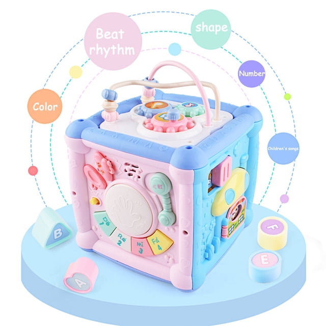 Jouet Cube d'Activité Tambour à Main pour Bébé Multifonction Musique Piano à Battement Trieur de Formes Rotation à Engrenages Apprentissage Précoce Chargement Requis