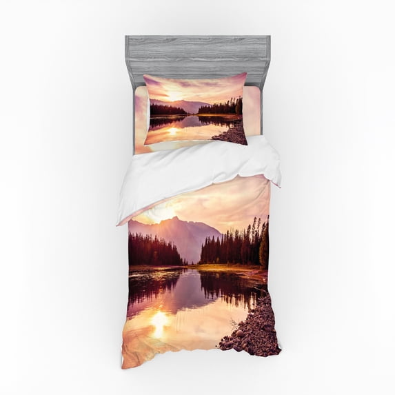 Ambesonne Landscape Bedding Set 3 Pcs, Jackson Lake in USA, Twin XL, Peach Pale Yellow