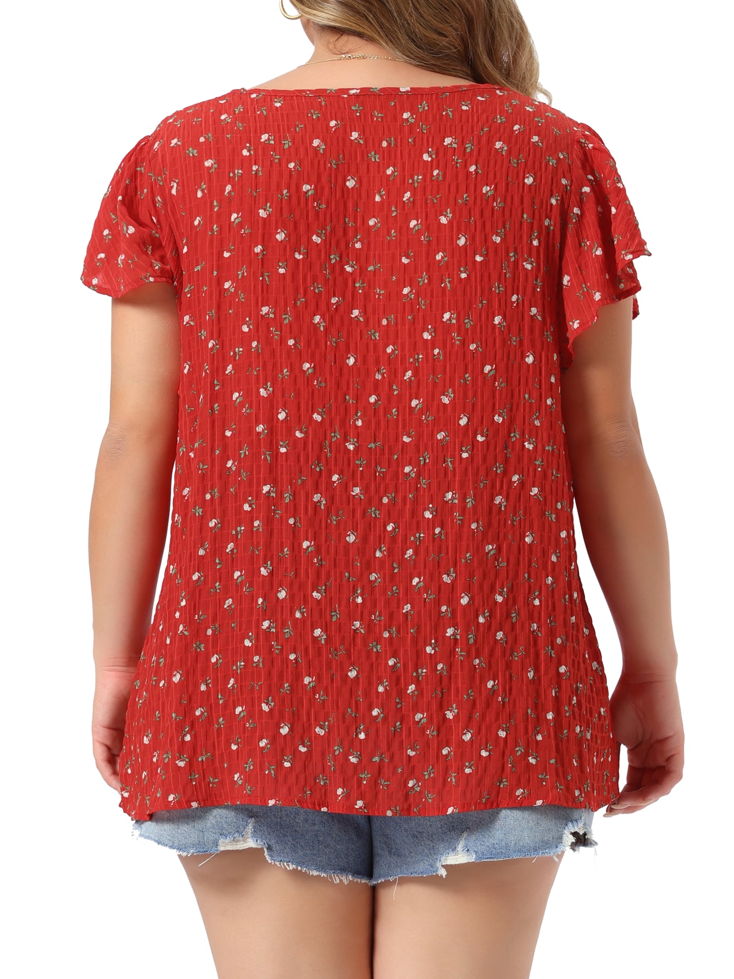 DARING DIVA Women's Plus Tops Floral Crew Neck Pleated Front Tulip Sleeve Blouse 2X Red