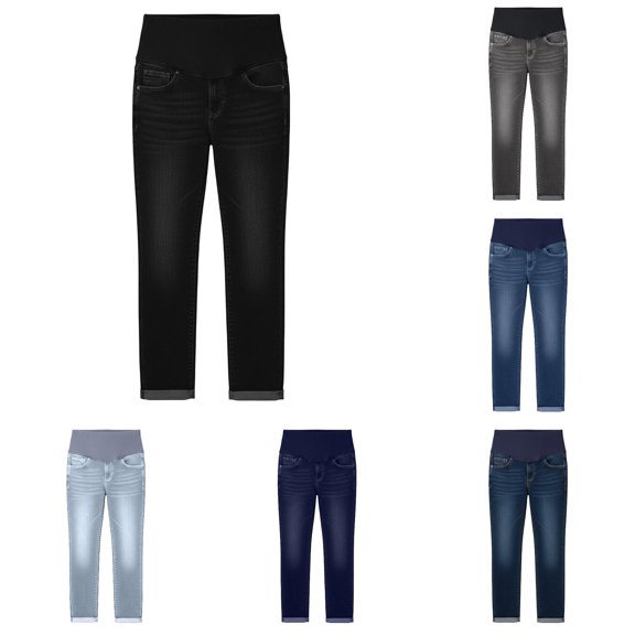 Gyujnb Over Belly Maternity Stretch Jeans Full Waist Classic Pockets Cuffed Ankle Slim Denim Pants Daily Casual Pregnancy Trousers,L