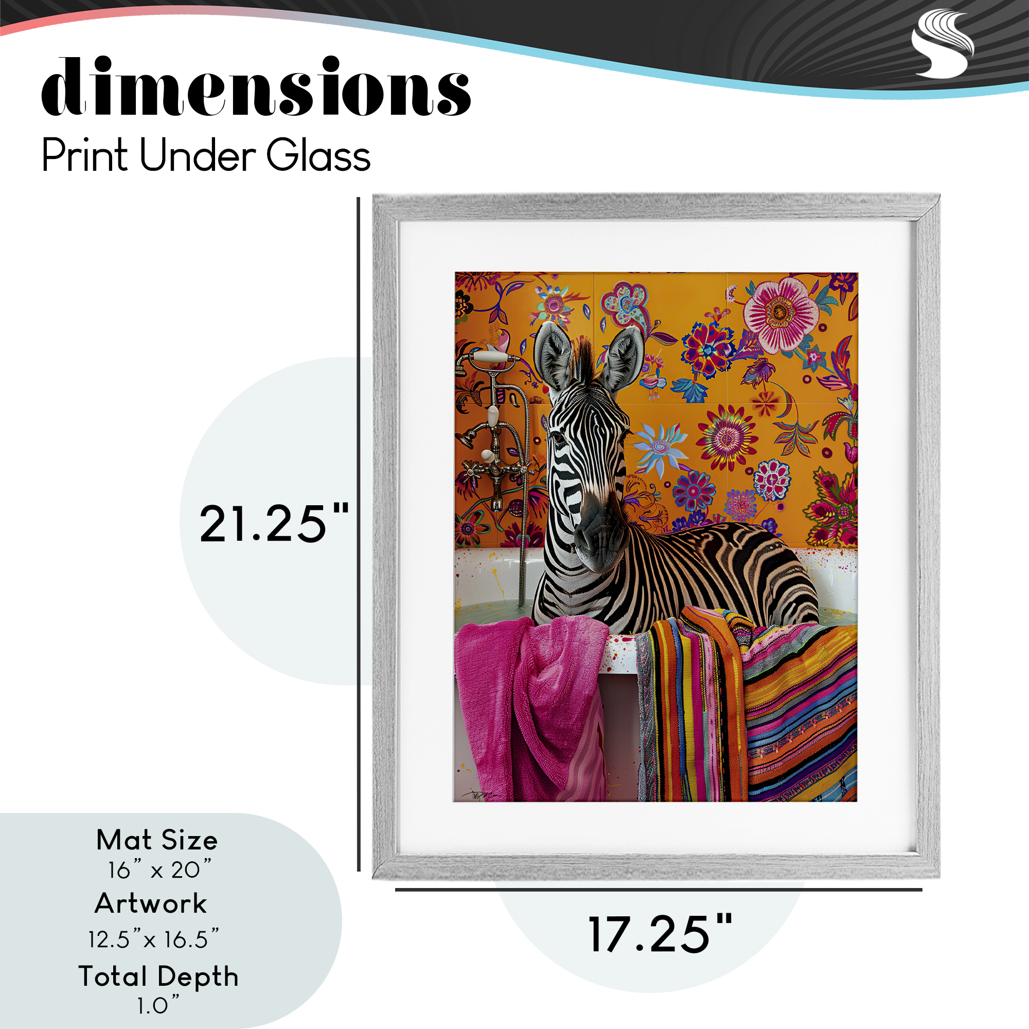 Zebra Bath with Colorful Towel Gray Framed Print Under Glass, design by Momart