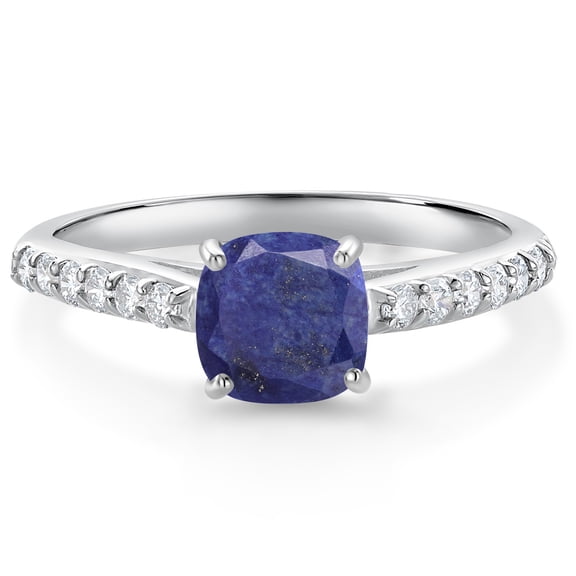 Gem Stone King 10K White Gold Blue Lapis and White Lab Grown Diamond Engagement Ring for Women (1.18 Cttw, Gemstone, Cushion 6MM, Size 7)