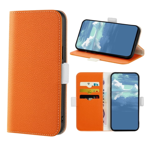 Dteck Wallet Case For iPhone 14 Pro 6.1 inch,Luxury Candy Color Lychee Pattern PU Leather Shockproof Soft TPU Magnetic Flip Card Slots Stand Full Body Protection Phone Cover.For iPhone 14 Pro,Orange