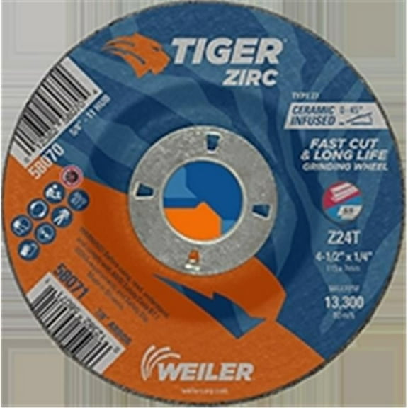 Weiler 804-58071 4.5 x 0.25 in. Tiger Zirc Type 27 Grinding Wheel, Z24T - 0.87 in. Nut, Pack of 10