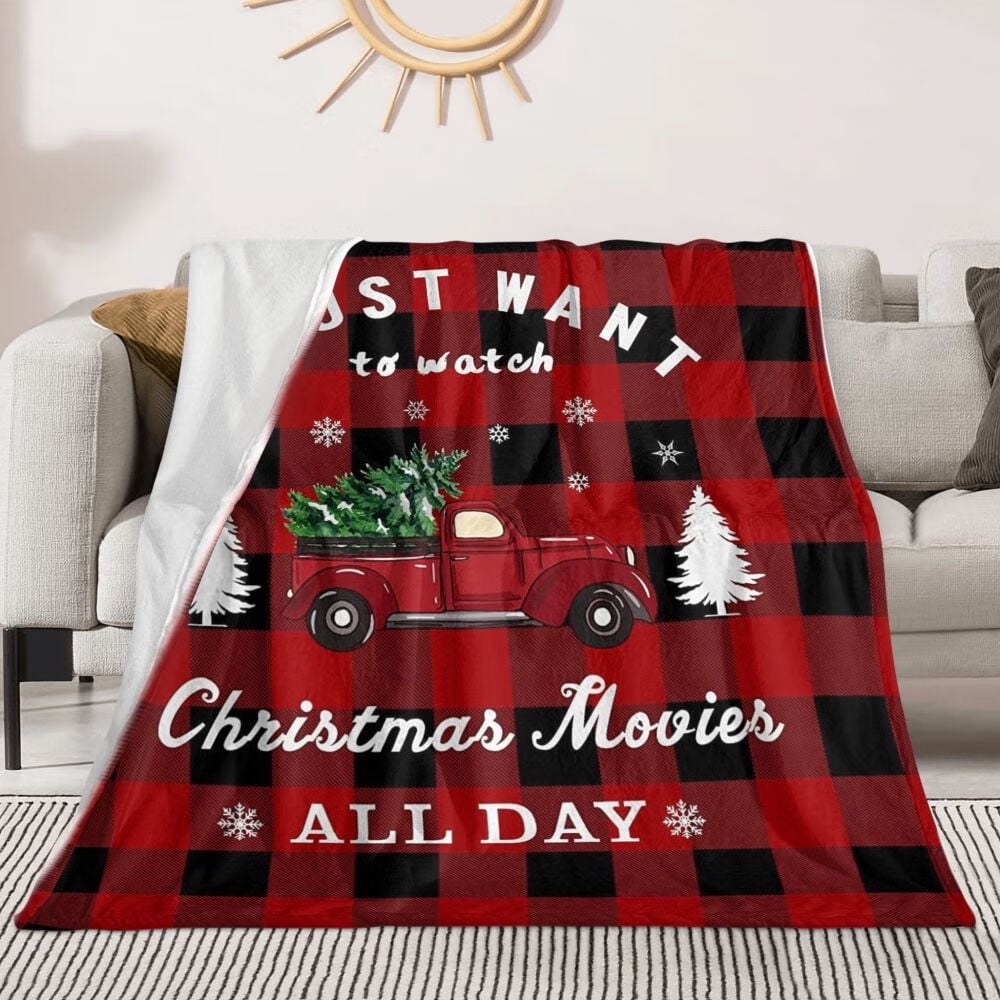 Christmas Blanket, Red Truck and Xmas Tree Flannel Throw Blanket, Red