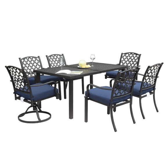 JERFIT 7-Piece Outdoor Patio Dining Set with Swivel Chairs, Antique Bronze Metal Table & Chairs, Water-Resistant Navy Blue Cushions for Garden, Yard, Lawn