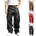 thumbnail image 4 of CONZONE Mens Pu Leather Pants Wide Leg Baggy Motorcycle Pants High Waist Fashion Streetwear Fall Winter Trousers with Pocket, 4 of 8