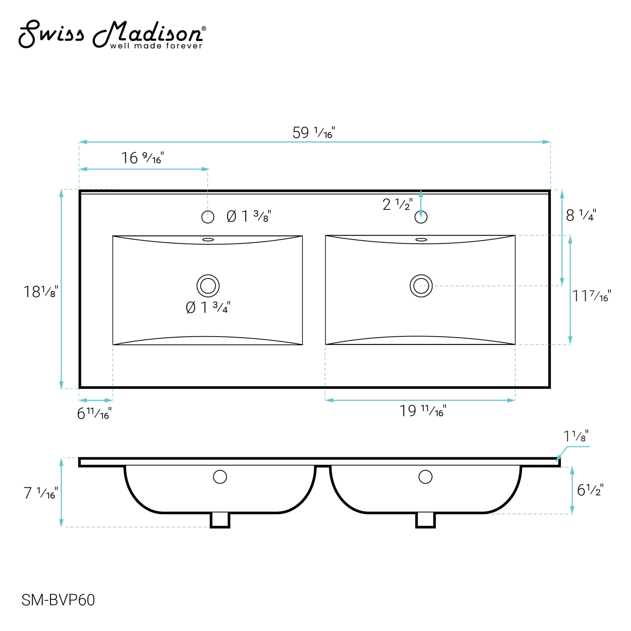 60" Vanity Top Bathroom Sink