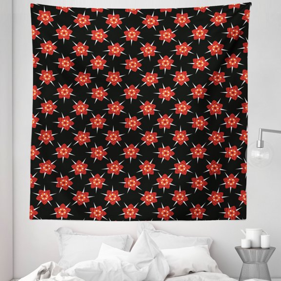 Bohemian Art Tapestry, Continuous Star Look Flowers Folk Blossoms Pattern Print, Fabric Wall Hanging Decor for Bedroom Living Room Dorm, 5 Sizes, Charcoal Grey and Vermilion, by Ambesonne