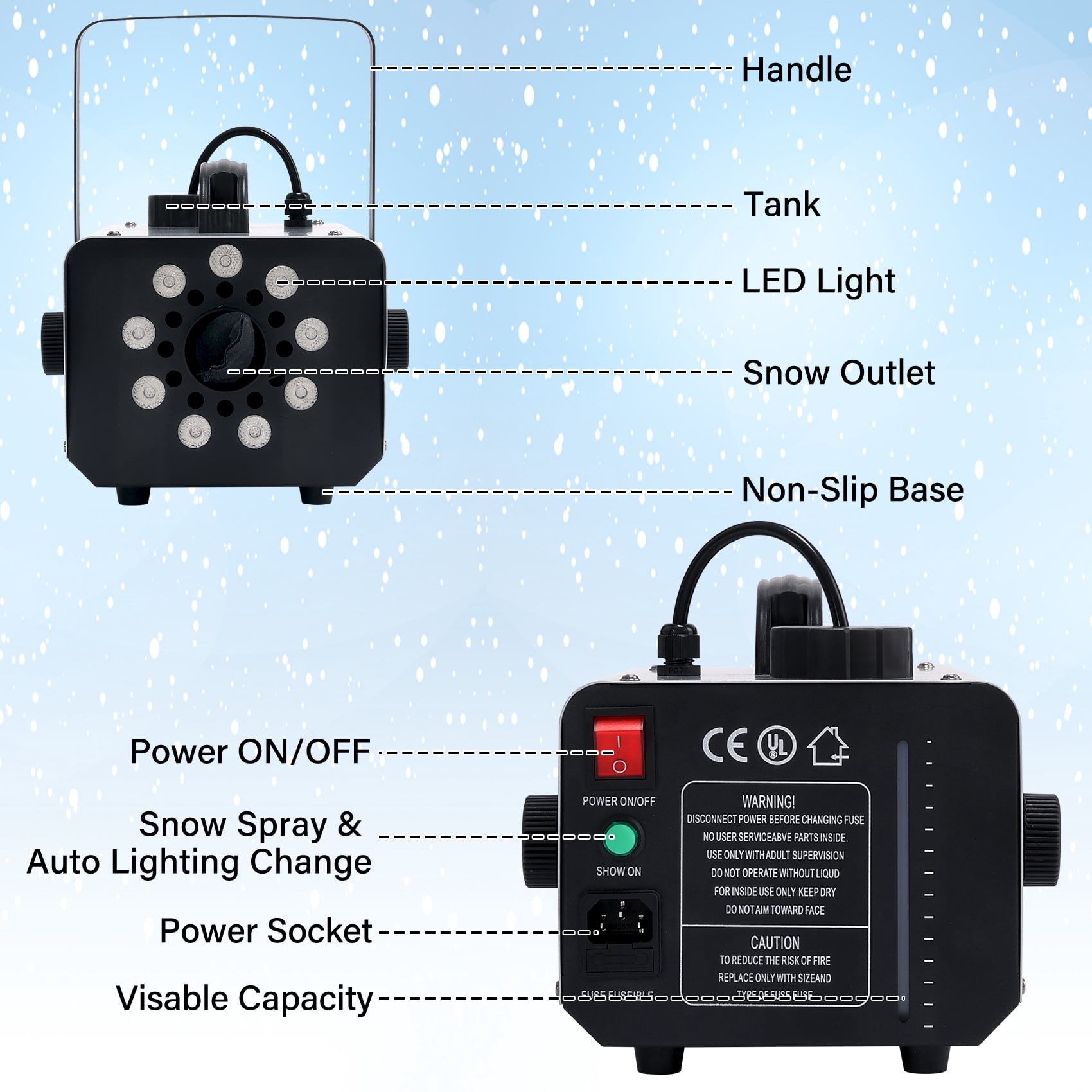 TCFUNDY Snow Machine with 9 LED Lights, 600W Snow Making Machine with 12 Color Lights Effect Snowflake Maker for Christmas Wedding Kids Party Stage with Wireless Remote Control