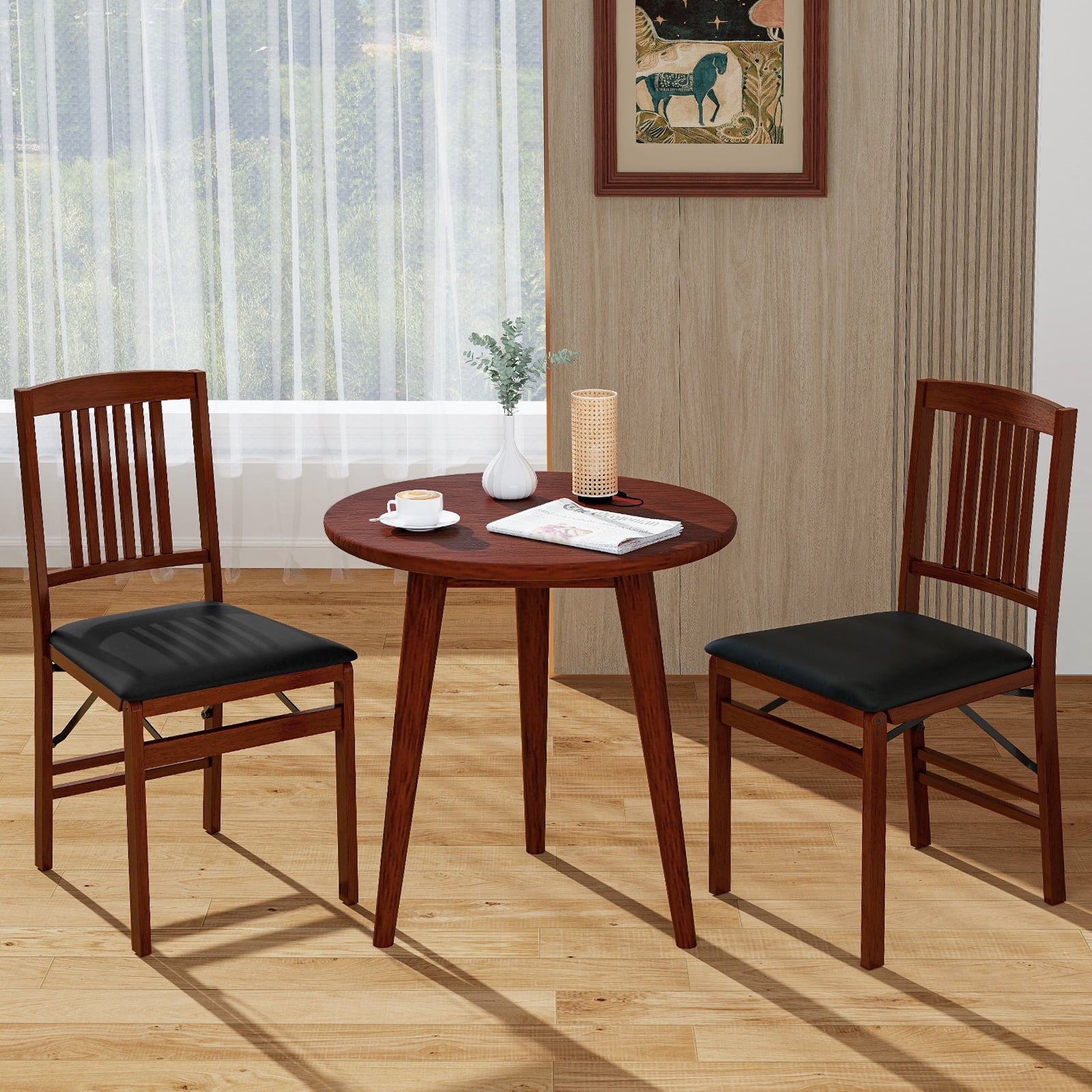 Gymax Folding Dining Chairs Set of 2 w/Padded Seat Rubber Wood Frame for Dining Room