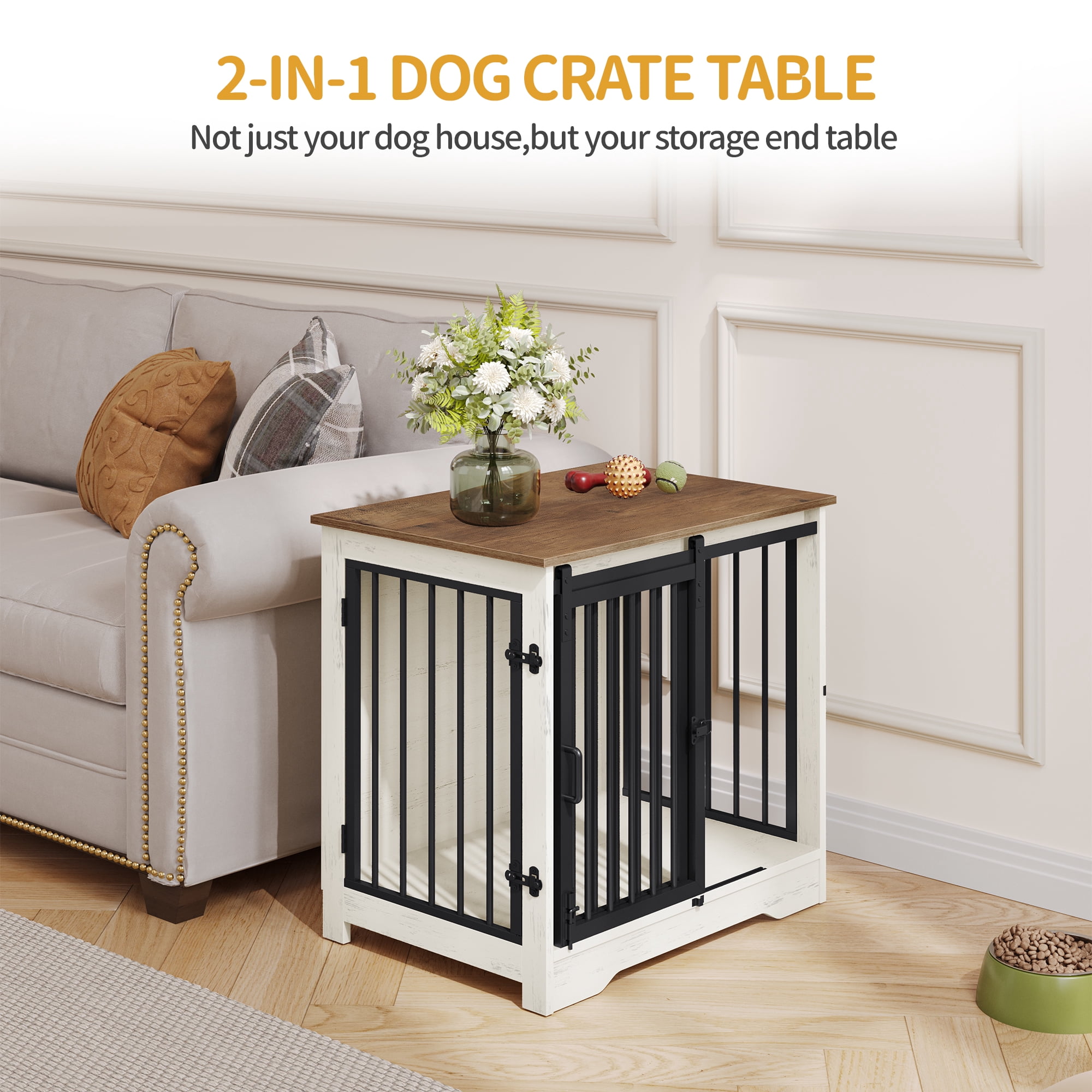 27.2"Dog Crate Furniture with Barn Door,Wooden Pet Cage End Table for Small Medium Dogs up to 22 lb