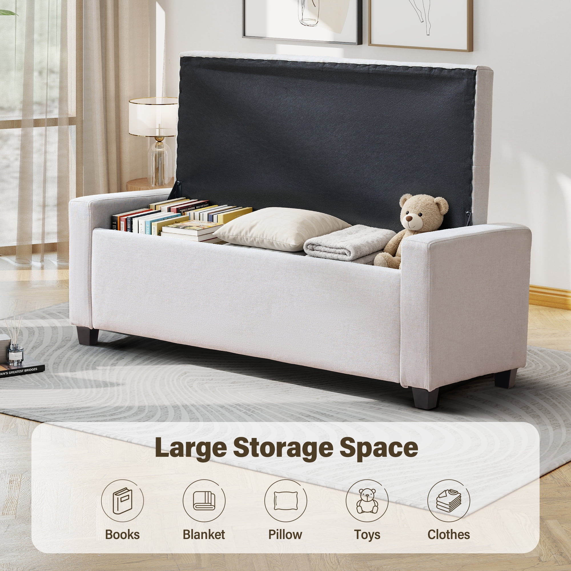 Aukfa 48" Storage Ottoman Bench,Faux Linen End of Bed Bench for Living Room, Bedroom, Entryway,Beige
