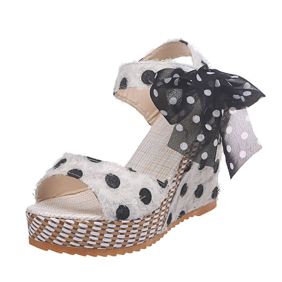 Womens Polka Dot Print Wedge Platform Sandals Sweet Cute Bowknot High Heels Summer Open Toe Ankle Strap Lolita Shoes
