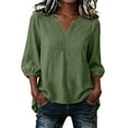 thumbnail image 2 of Smsaxvxz Womens Embroidered Cotton Linen Shirts Summer Fashion V Neck 3/4 Sleeve Casual Solid Loose High and Low Hem Blouse Tops Green 01 M, 2 of 8