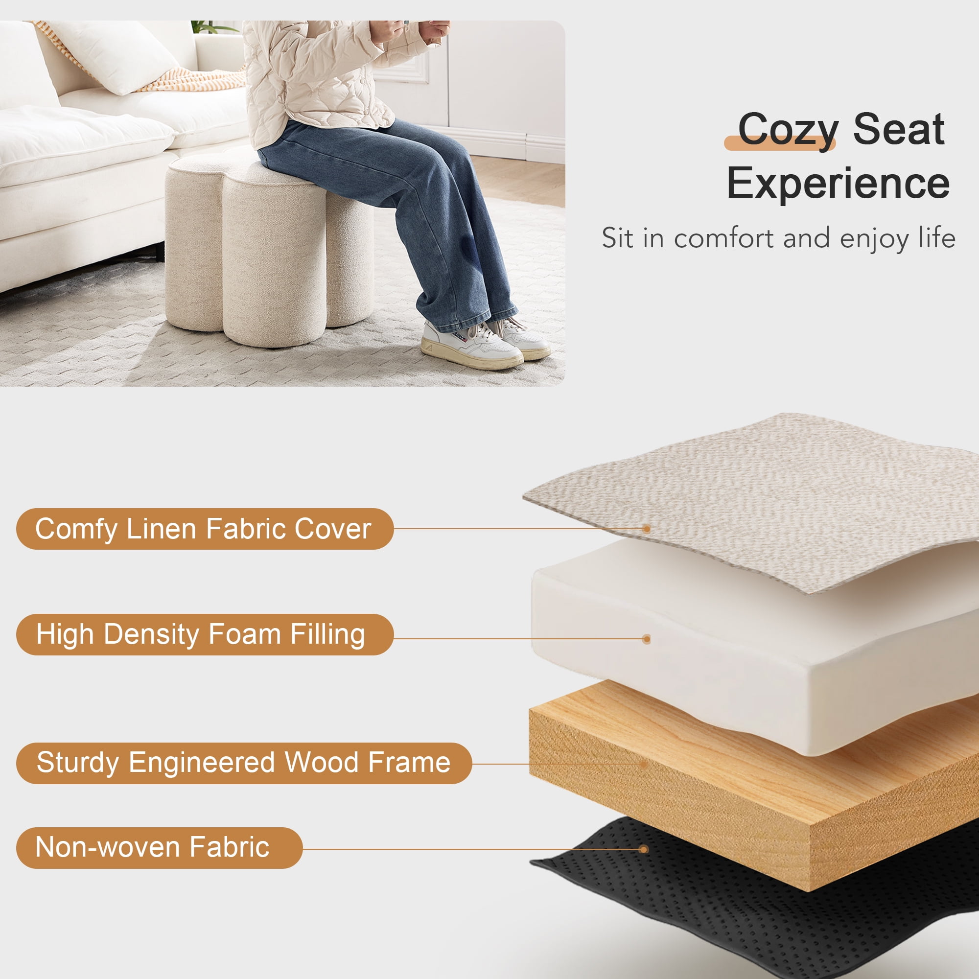 Zesthouse 18.5″ Linen Fabric Ottoman, Modern Ottoman Coffee Table for Living Room, Flower Shaped Foot Stools, Upholstered Footrest Stool for Couch, Beige