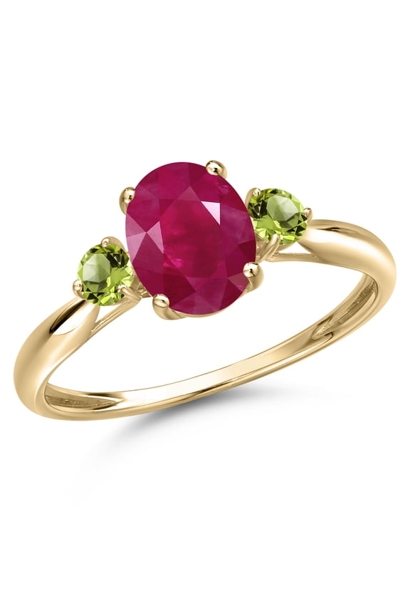 10K Yellow Gold Red Ruby and Green Peridot 3-Stone Ring for Women | 1.84 Cttw | Oval 8X6MM | Gemstone July Birthstone | Size 8